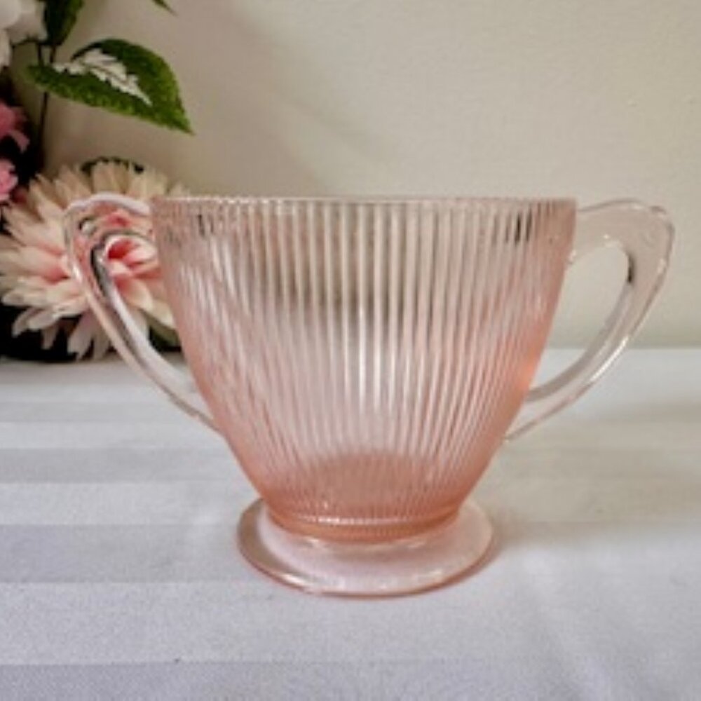 Jeanette Homespun Pink Depression Glass Sugar Bowl Ribbed Art Deco‎ Two-Handled